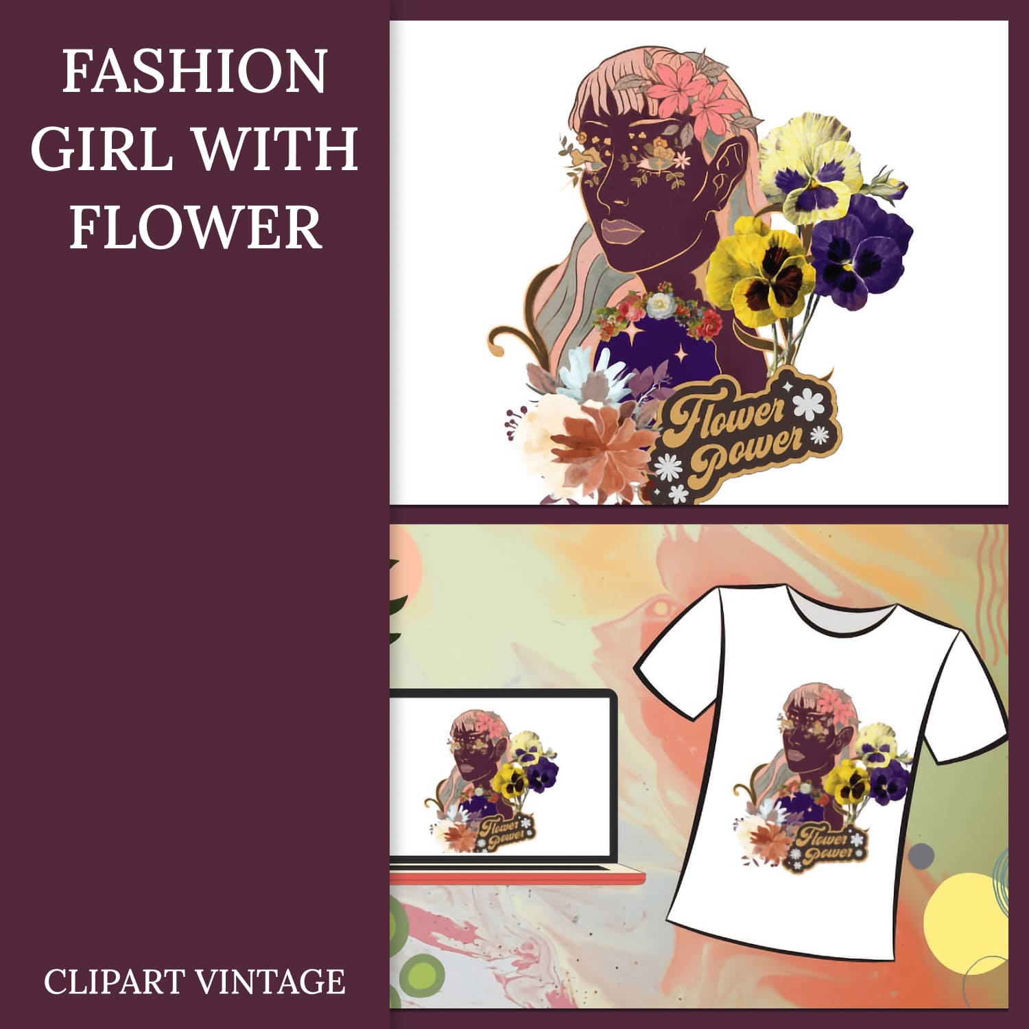 Fashion Girl with Flower Clipart Vintage.