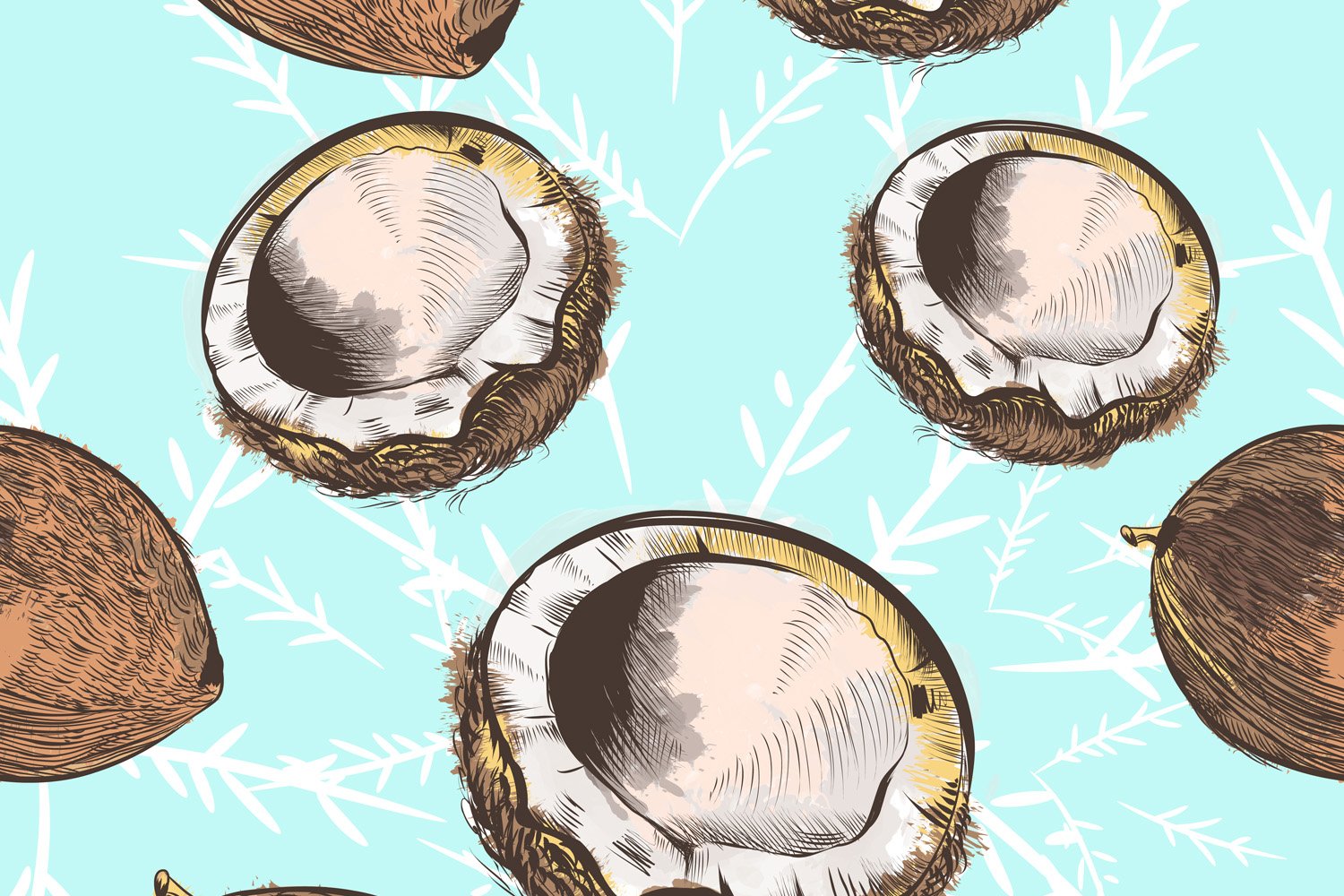 Light turquoise background with realistic coconuts.