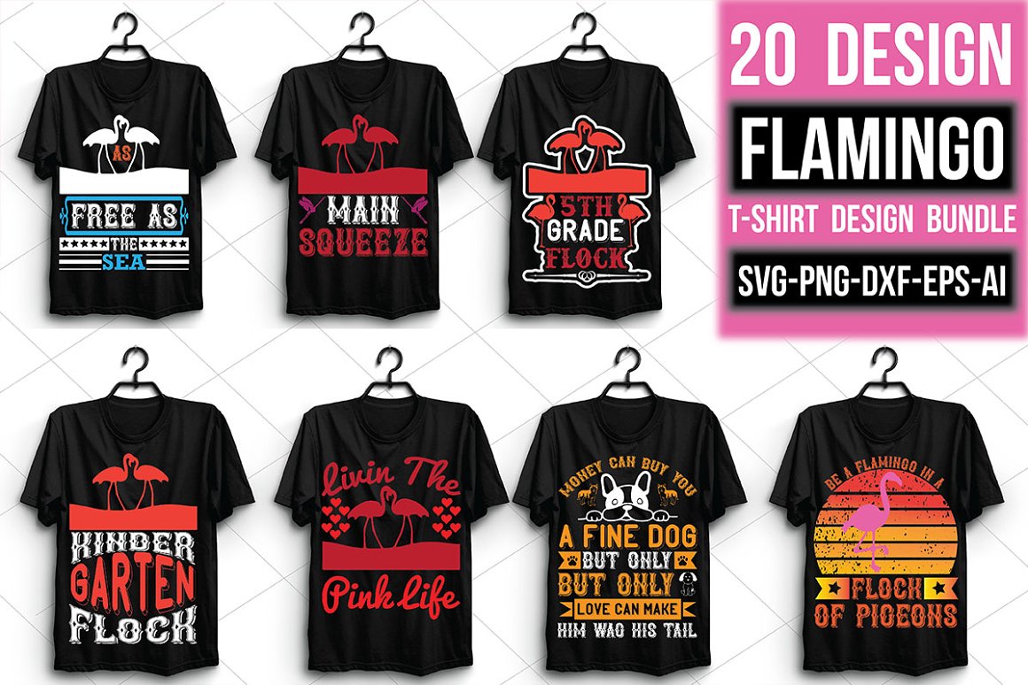 Bundle of images of black T-shirts with an irresistible flamingo print.