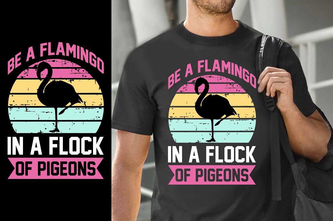 Black men's T-shirt with charming flamingo print and slogan.
