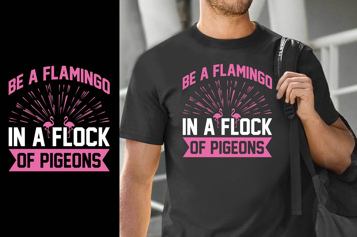 Black T-shirt with charming flamingo print and slogan.