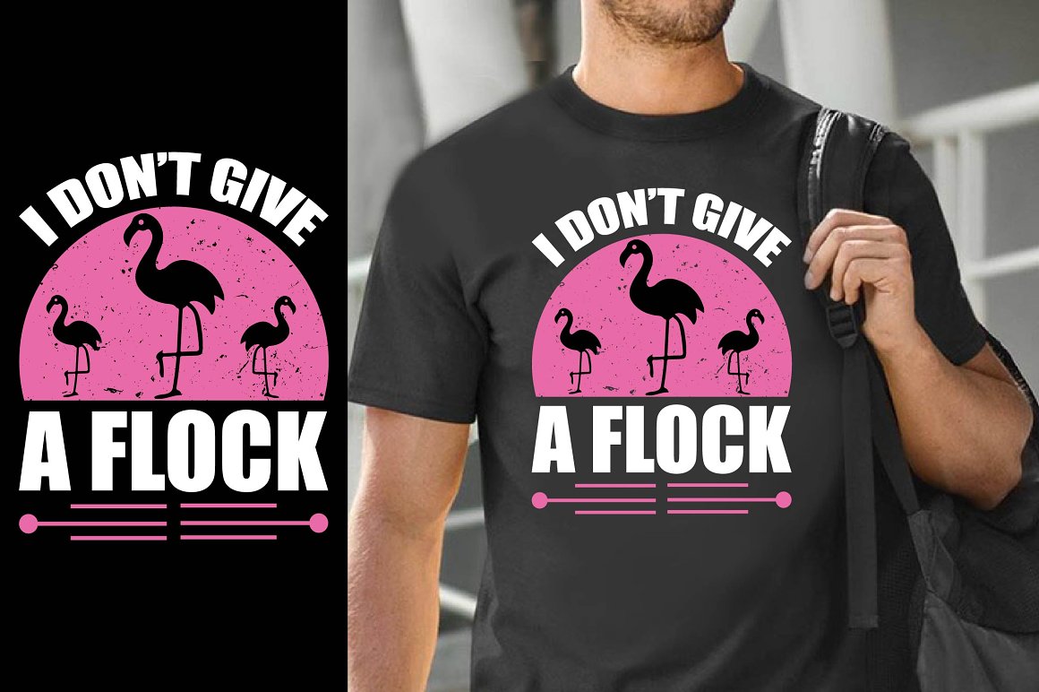 Black t-shirt with gorgeous black flamingo print on a pink background.