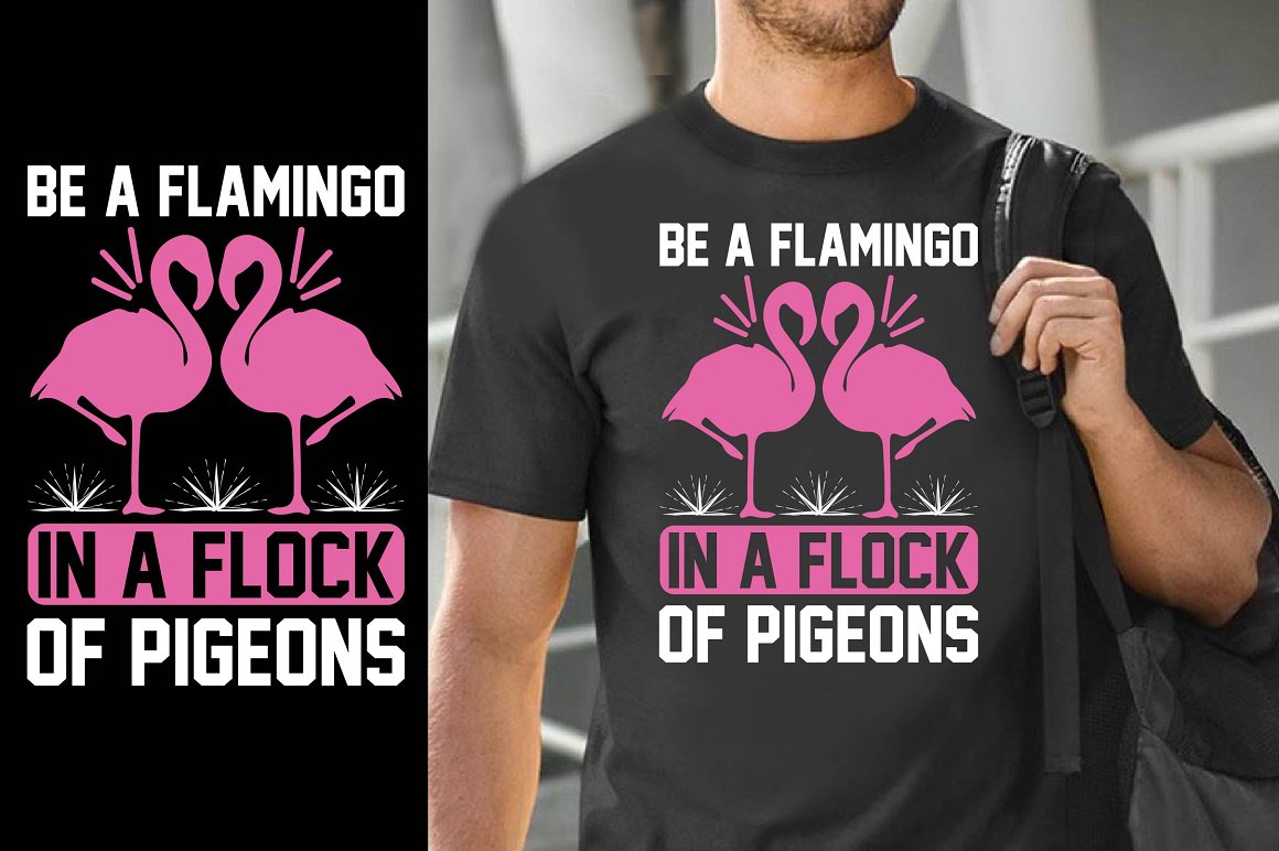 Black t-shirt with enchanting images of pink flamingos.