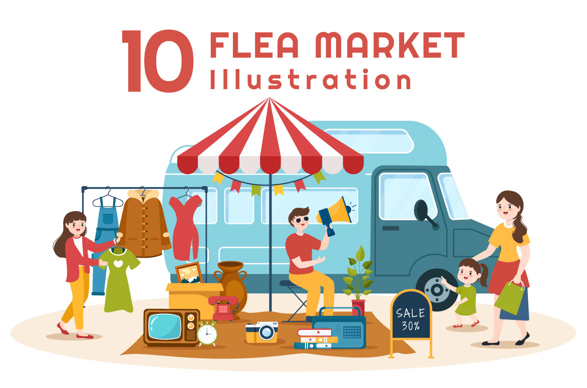 10 Flea Market Second Hand Shop Illustration facebook image.
