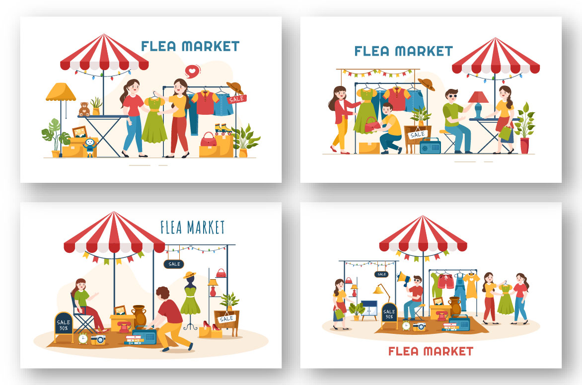 10 Flea Market Second Hand Shop Illustration set.