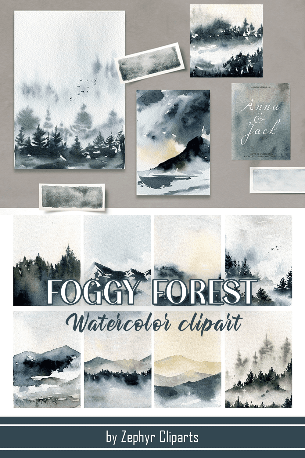 Foggy forest watercolor clipart - pinterest image preview.