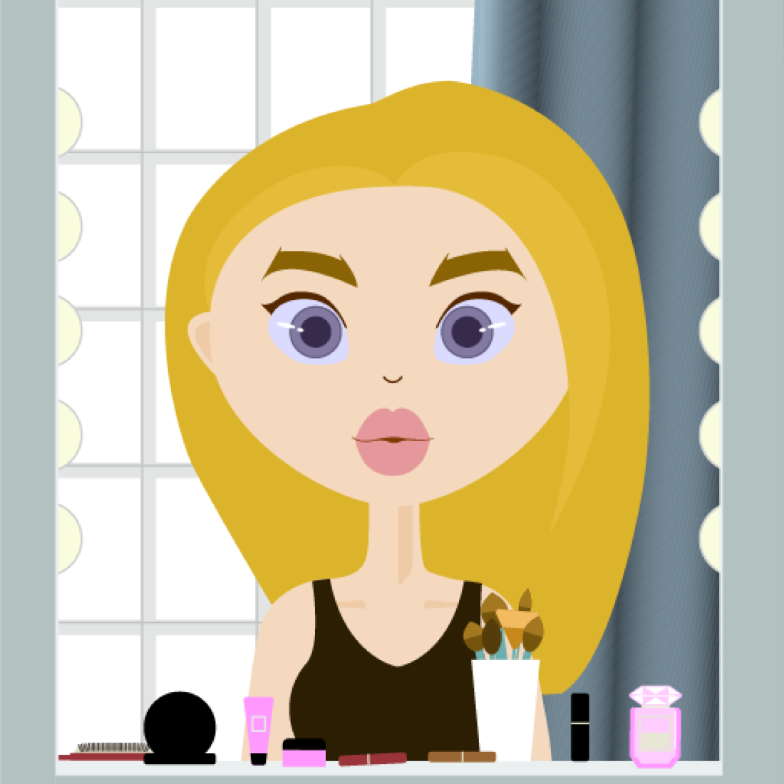 Cute Characters Lifestyle Illustration, white blonde girl over the mirror.