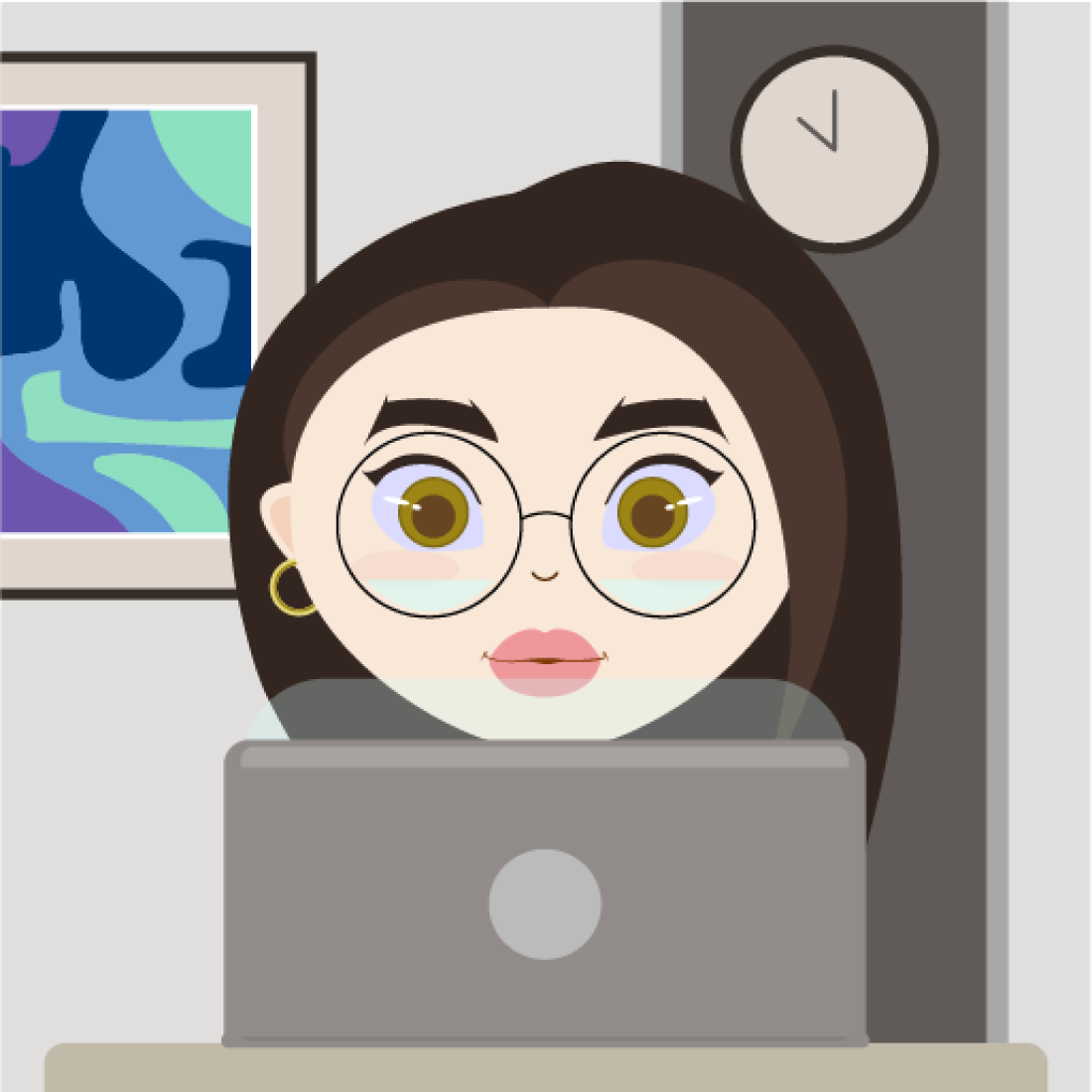 Cute Characters Lifestyle Illustration, white brunette over the laptop.