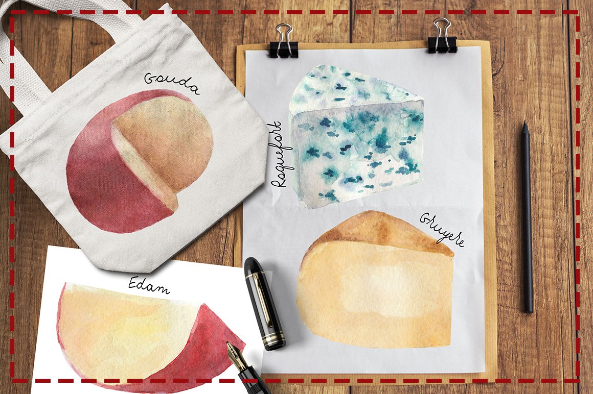 Bright set of objects with images of French cheeses.