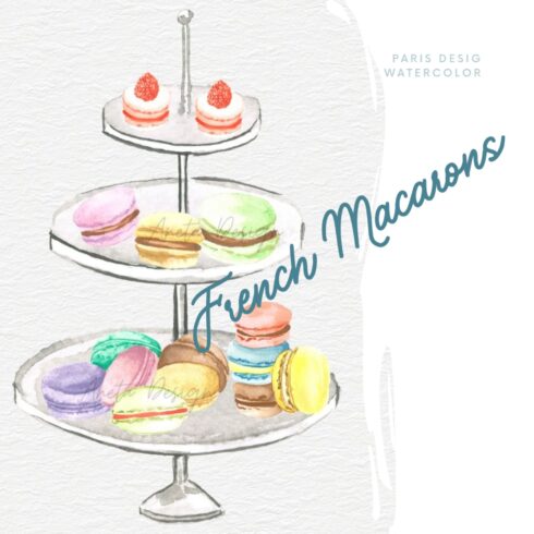 Watercolor French Macarons, Tour Eiffel, Paris Design.