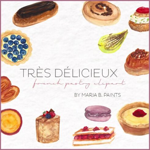 French Pastry Dessert Watercolor Clipart.