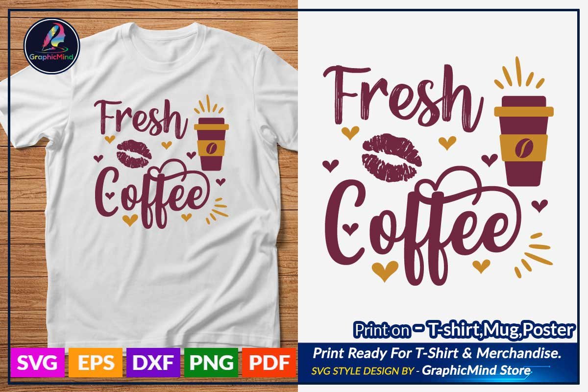 White t-shirt with a burgundy coffee lettering.