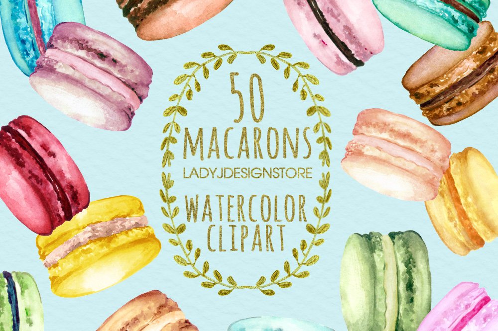 Turquoise background with colorful macaroons.