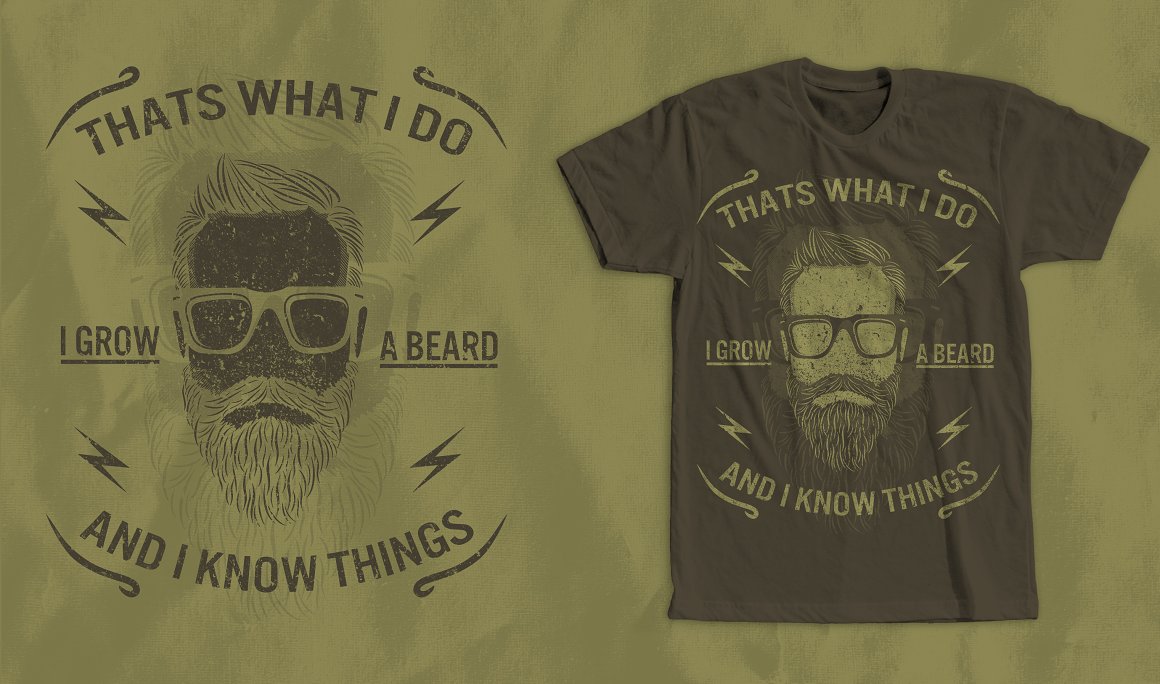 Gray t-shirt with a colorful print of a man with a beard in sunglasses.