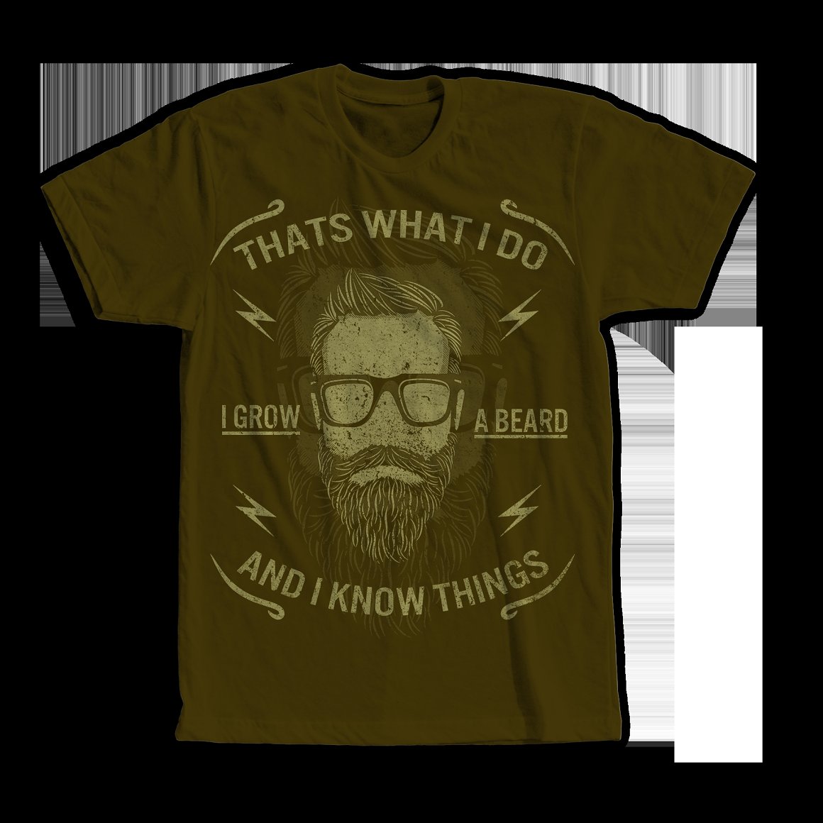 Brown t-shirt with a beautiful print of a man with a beard in sunglasses.