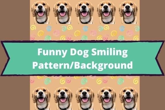 The white lettering "Funny Dog Smiling Pattern/Background" on a turquoise background and images dogs on a beige background.