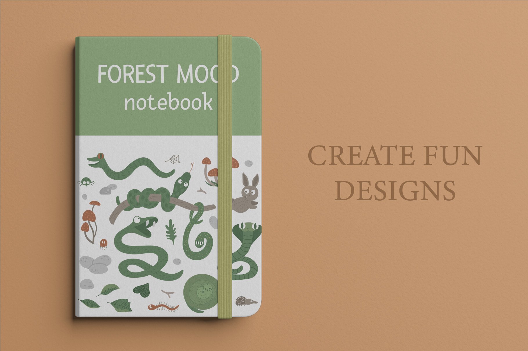 Notepad with images of cheerful snakes and hares on a brown background.