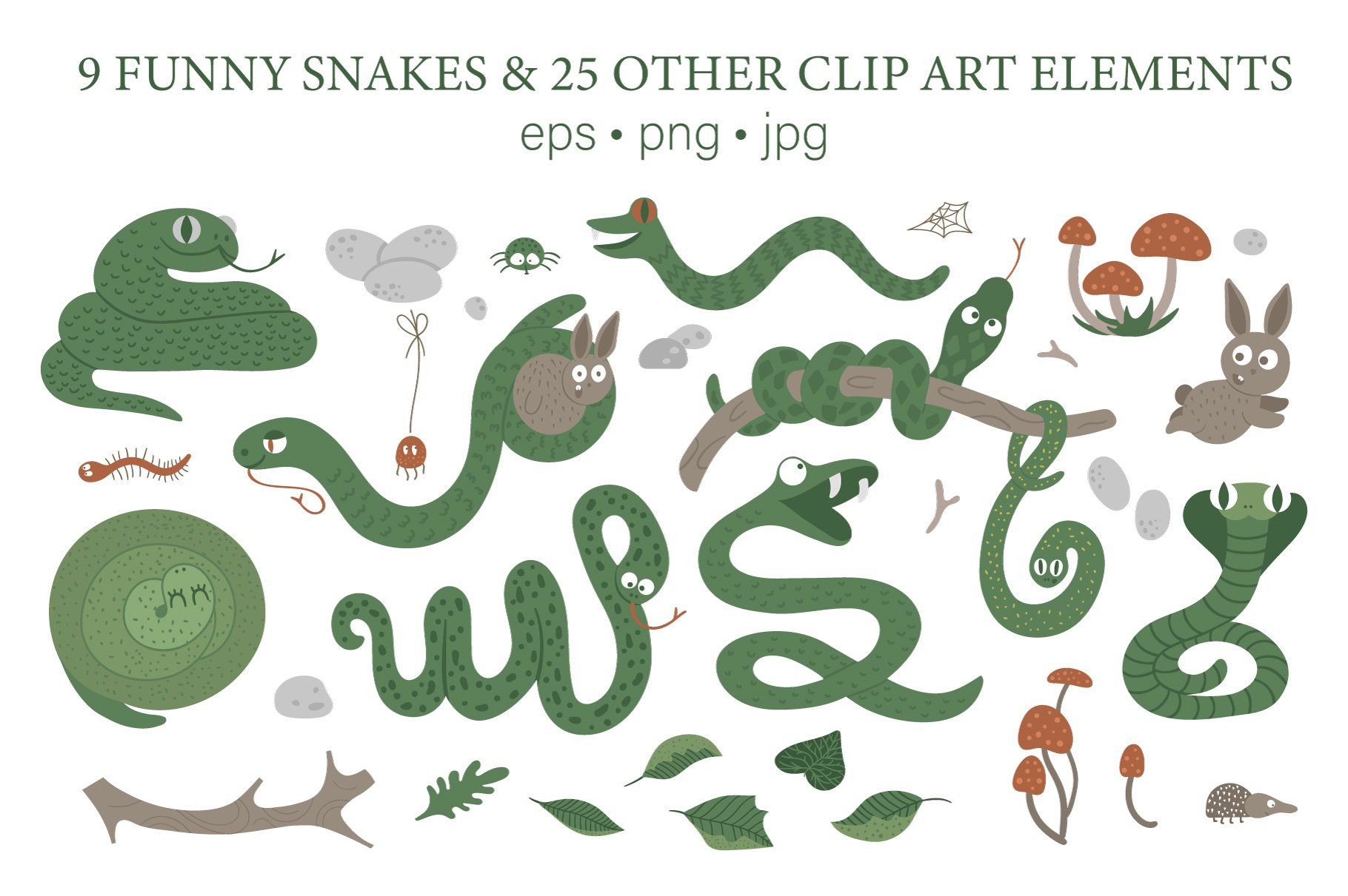 Playful image of snakes and other animals living in the forest on a white background.