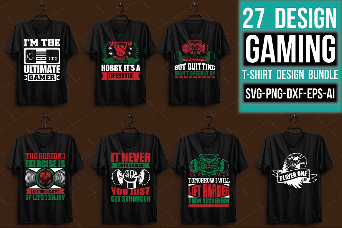 A selection of black t-shirts with a colorful gaming theme.