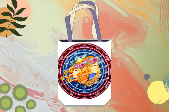 White eco bag with a bright astrology sign illustration.