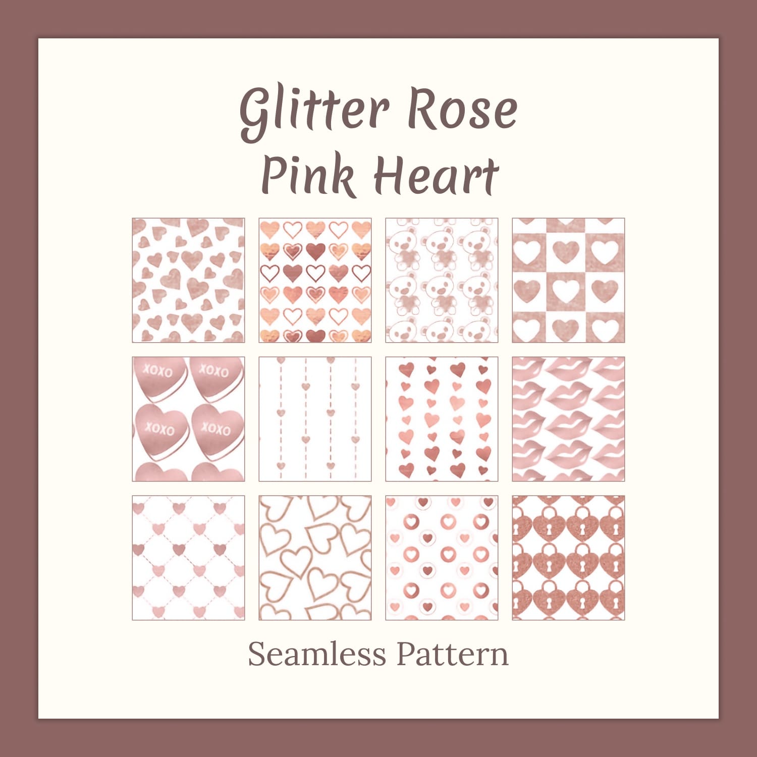 Glitter Rose Pink Heart Seamless Pattern.