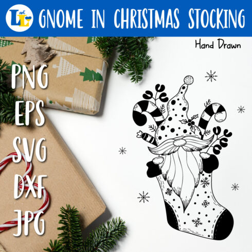 Cute Scandinavian Gnome Gift in Christmas Stocking SVG PNG cover image.