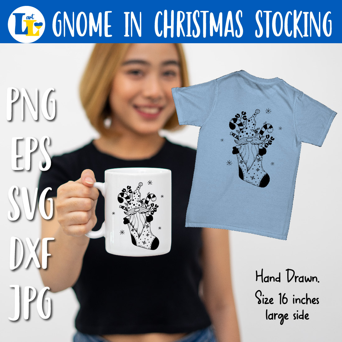 Cute Scandinavian Gnome Gift in Christmas Stocking SVG PNG preview image.