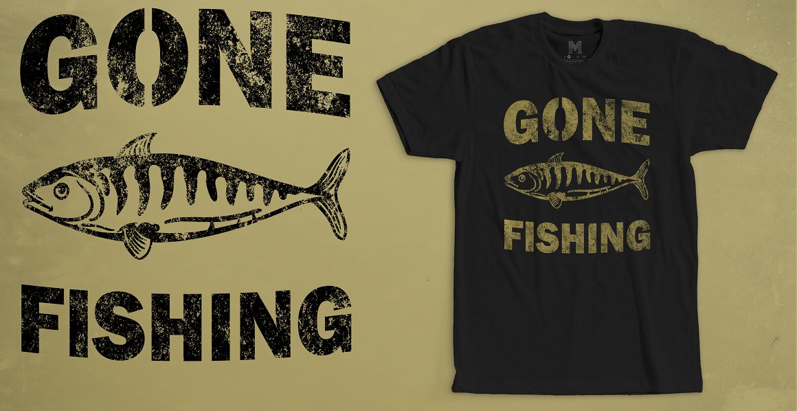 Black t-shirt with great fish print and slogan "gone fishing".