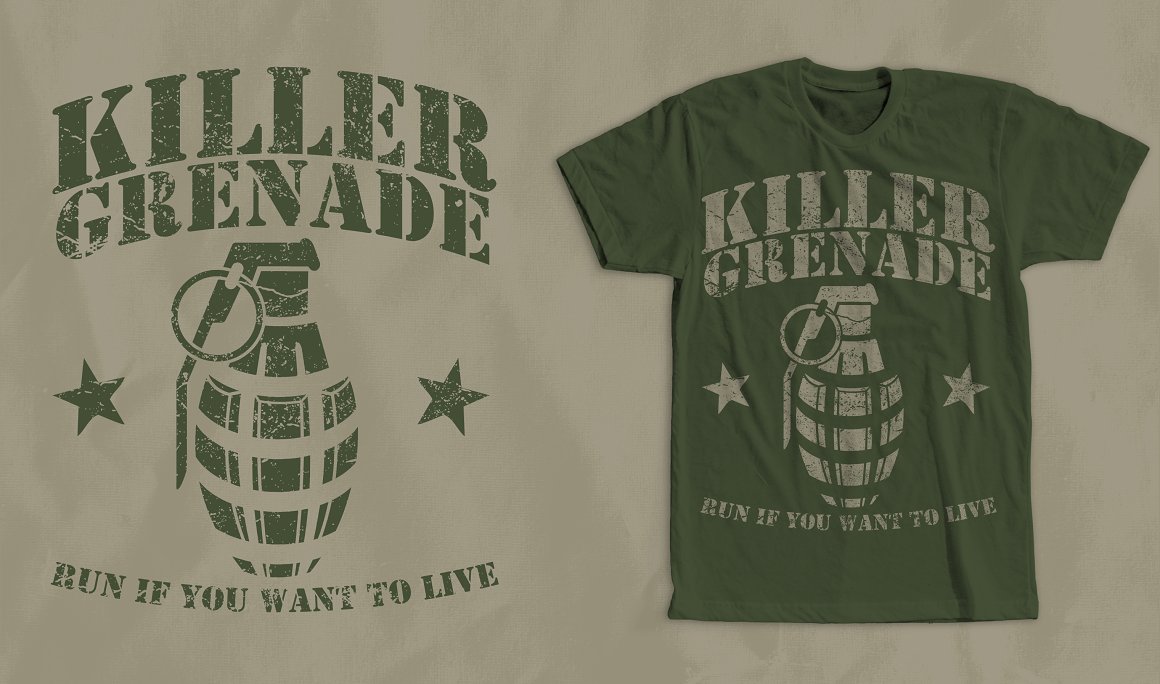 Green T-shirt with a colorful image of a killer grenade.