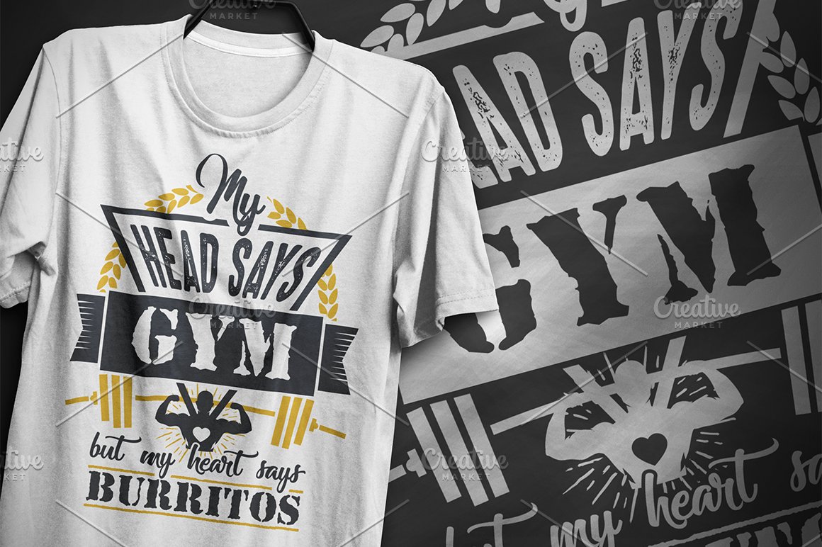 White t-shirt with a gym illustration.