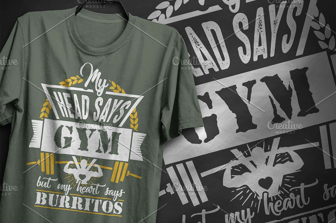 Classic olive t-shirt with a gym illustration.