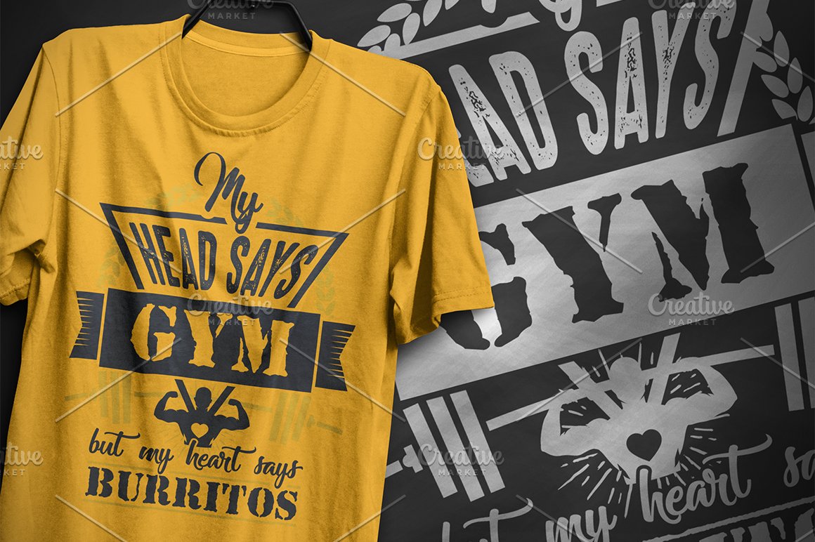 Bright yellow t-shirt with a gym illustration.