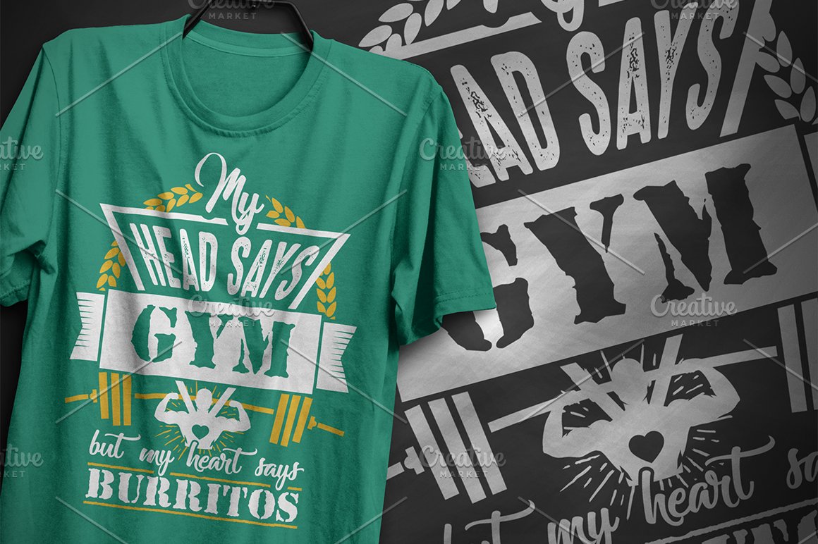 Green t-shirt in an eco style with a gym illustration.