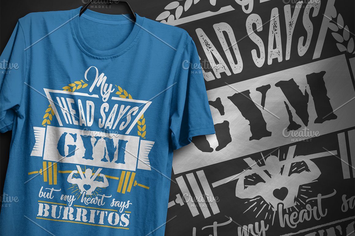 Sky blue t-shirt with a gym illustration.