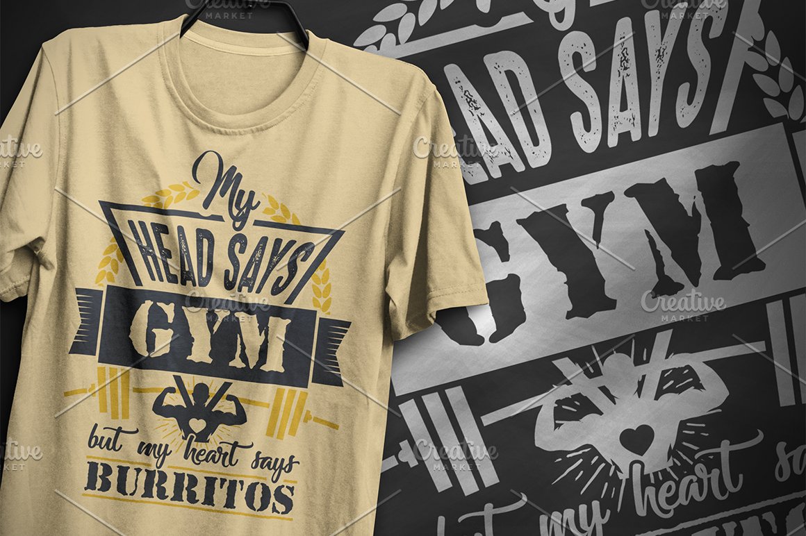 Light beige t-shirt with a gym illustration.
