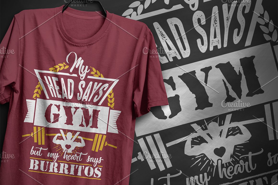 Burgundy t-shirt with a gym illustration.