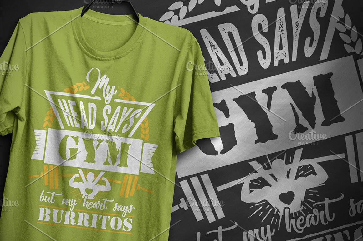 Bright green t-shirt with a gym illustration.