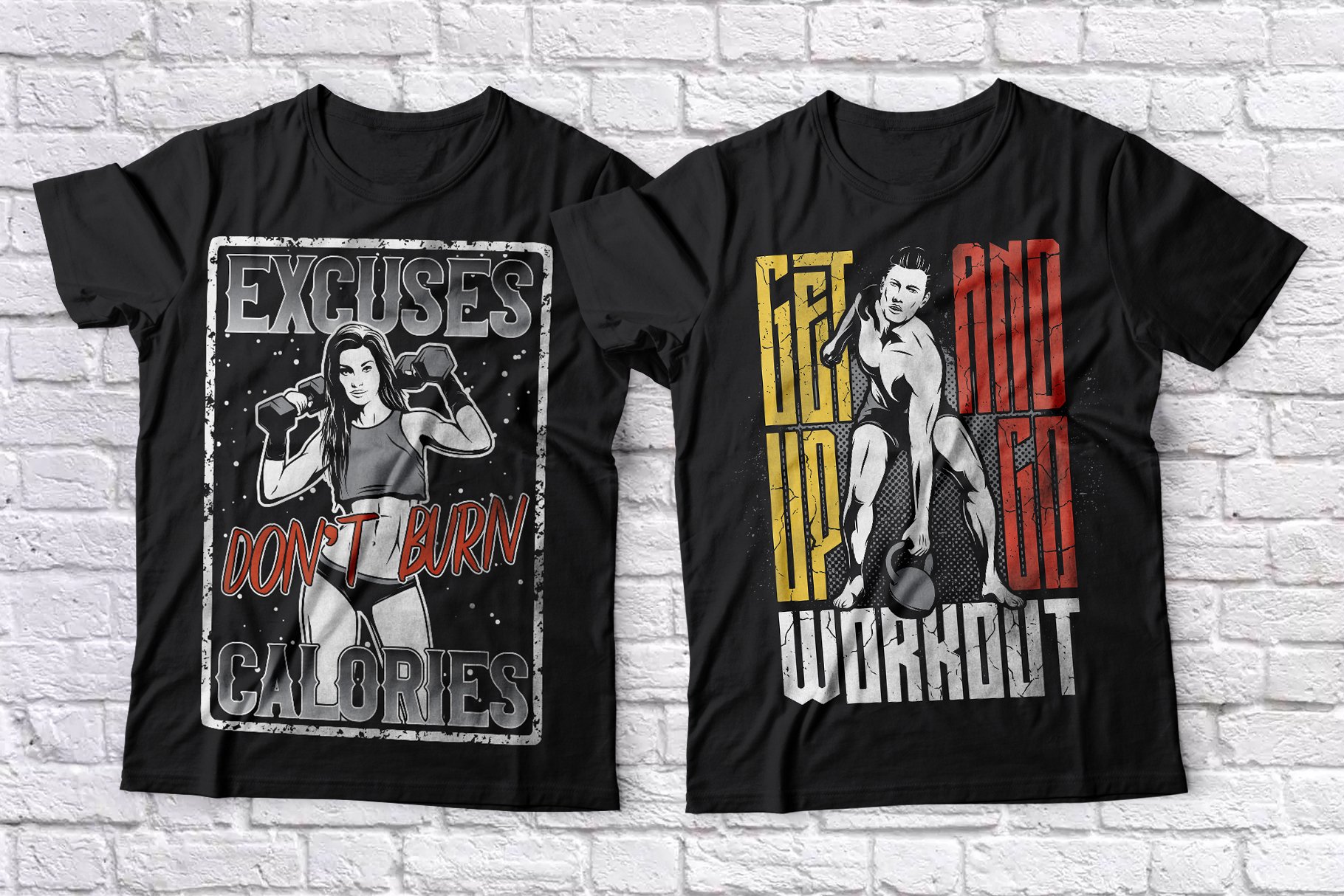 A set of black t-shirts in black with a charming print for men and women working out in the gym.