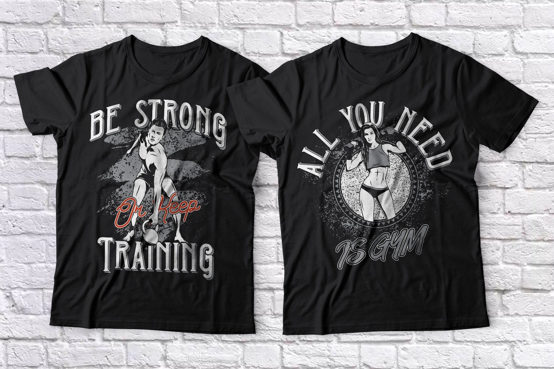 A set of black t-shirts in black with a charming print for men and women working out in the gym.
