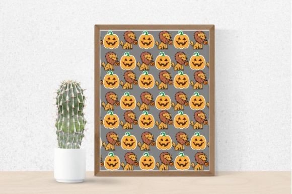 Picture with lions and pumpkins on a grey background in brown frame, and cactus in pot.