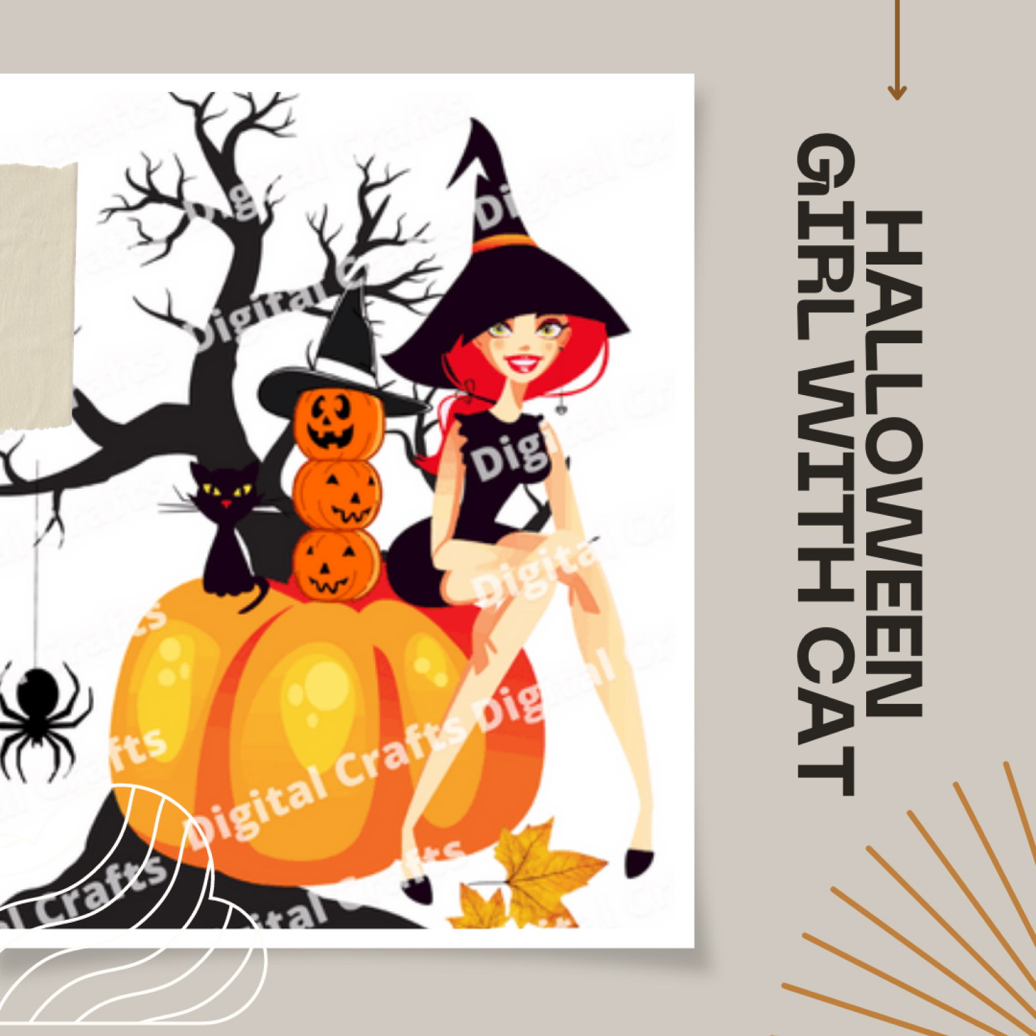 Halloween Illustration Girl with Cat JPG.