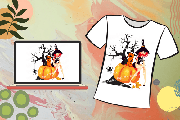 Clasiic white t-shirt with the witch illustration.