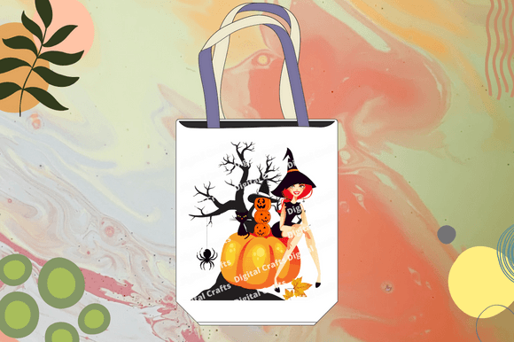 White eco bag with the witch is ready for your Halloween party.