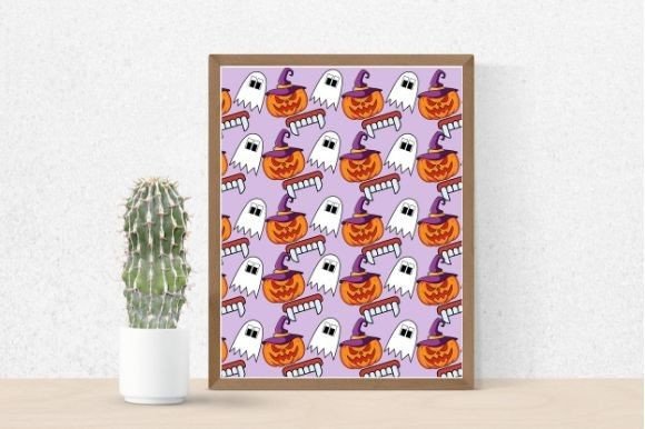 Picture with pumpkins and ghosts on a lavender background, and cactus in pot.