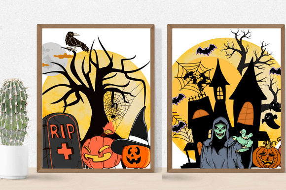 Two Halloween posters with different illustrations.