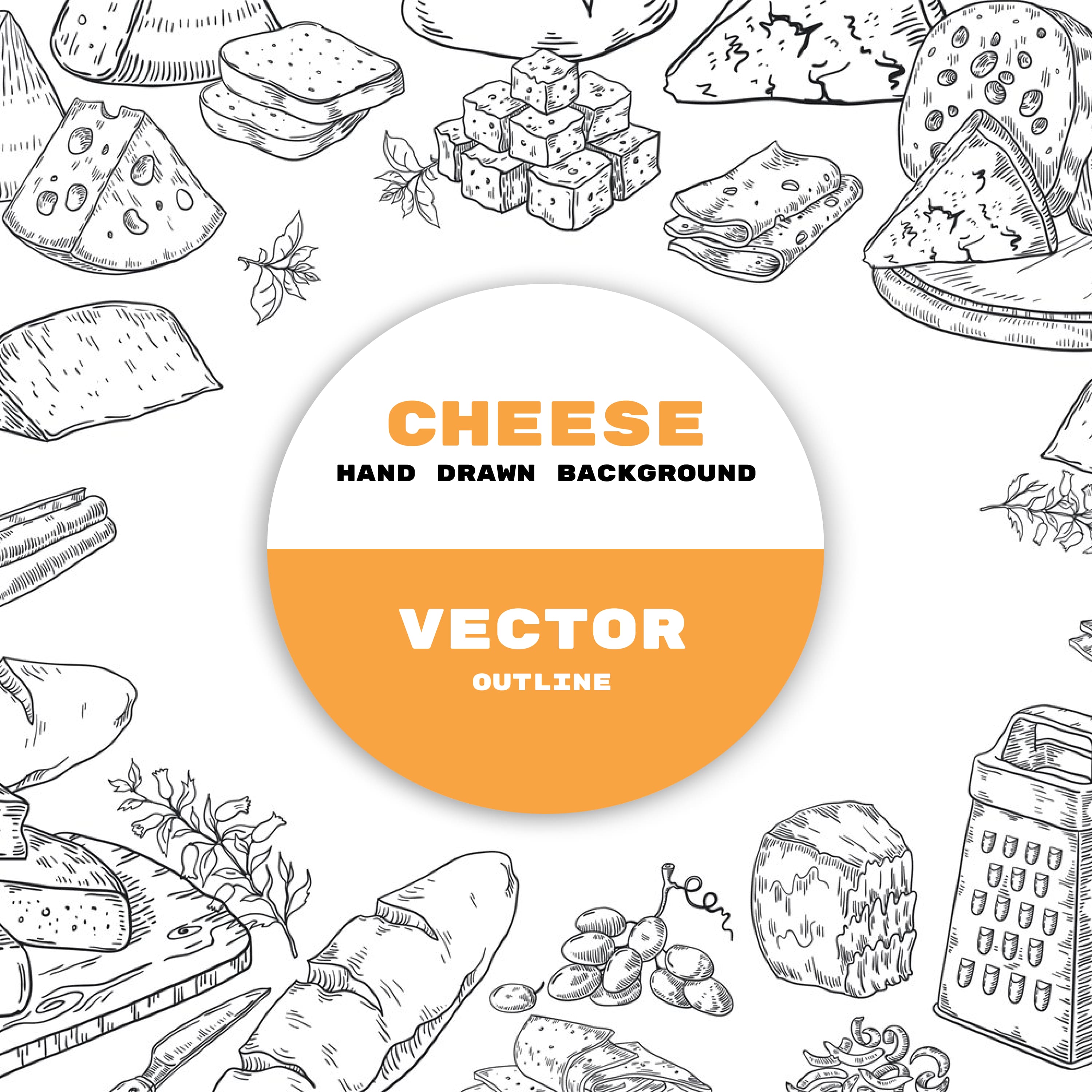 Collection of hand-drawn images of hard cheese and Italian snacks.