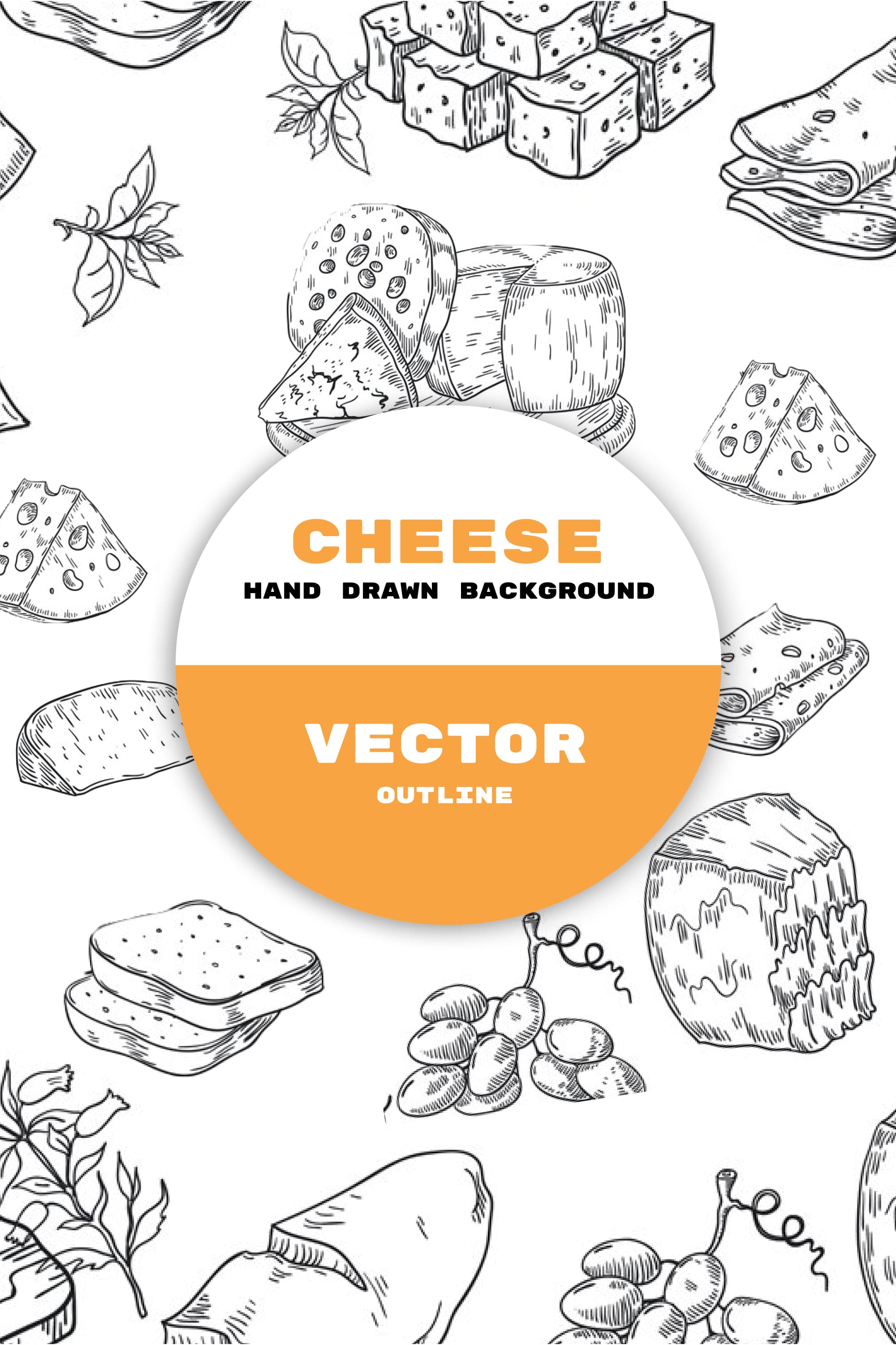 Background image of hard cheese and Italian snacks hand drawn.
