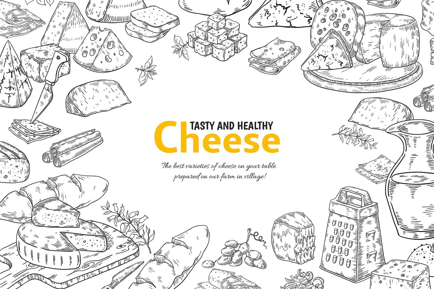 Background image of hard cheese and Italian snacks hand drawn in pencil.