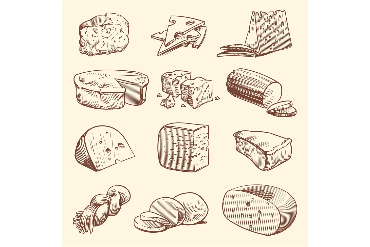 Set of colorful freehand drawings of various rice puffed cheeses.