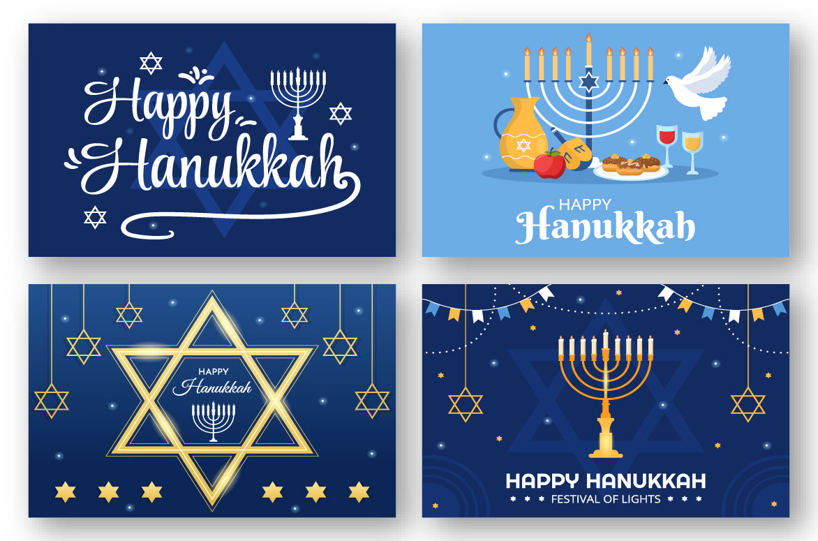 14 Happy Hanukkah Jewish Holiday Illustration on blue background.